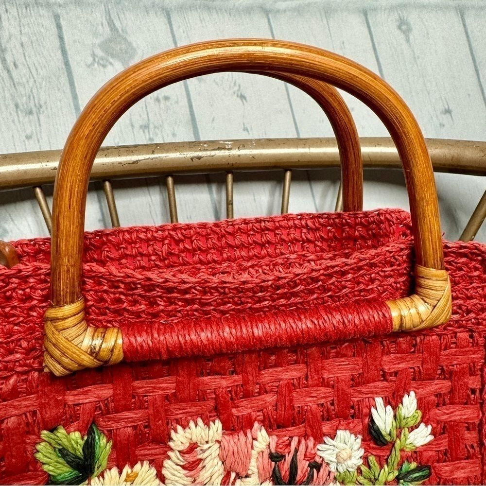 Vintage Fossil Woven Straw Bamboo Handle Tote Bag New Vacation Girly Cute - Picture 6 of 15